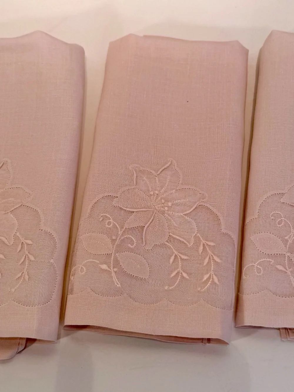 Three Vintage Pale Pale Pink Madeira Linen & Organza Fingertip Towels